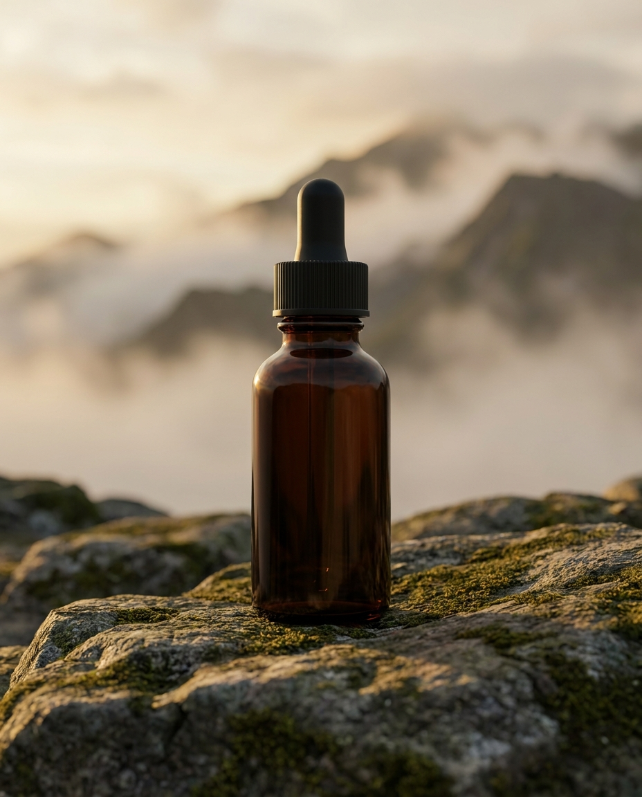OERVA Resin fles op mossige rotsen — Hindu Kush gouden uur