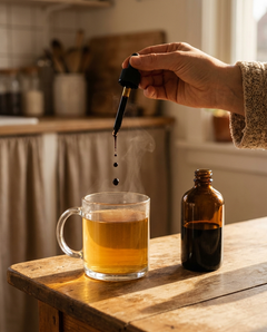 Vier druppels OERVA vallen in warme thee — ochtendritueel