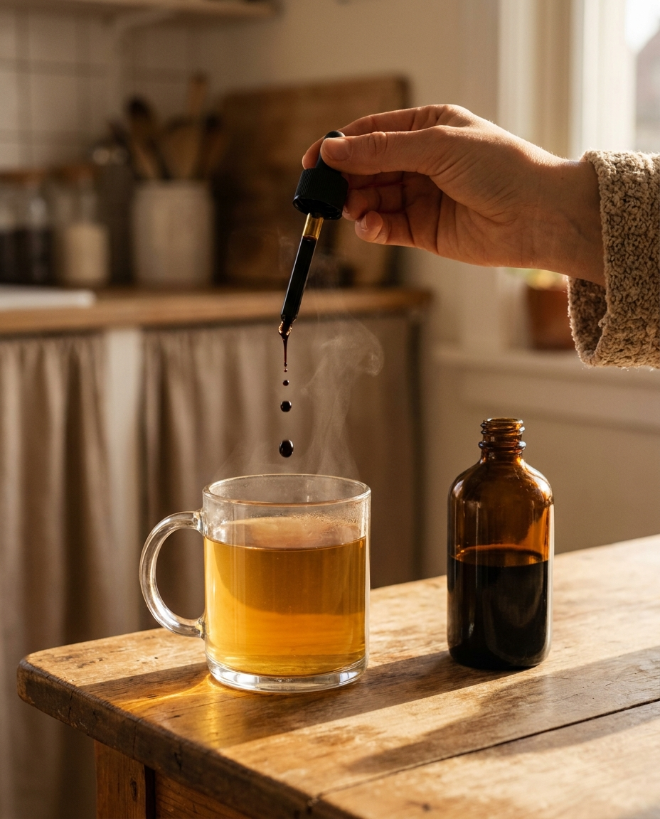 Vier druppels OERVA vallen in warme thee — ochtendritueel