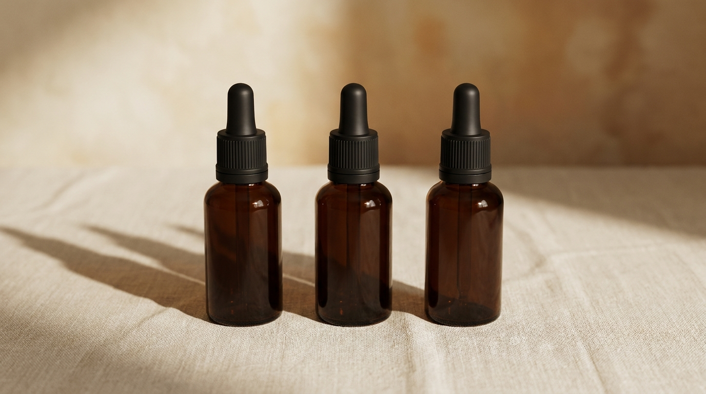 Drie OERVA Resin flessen op linnen — still life